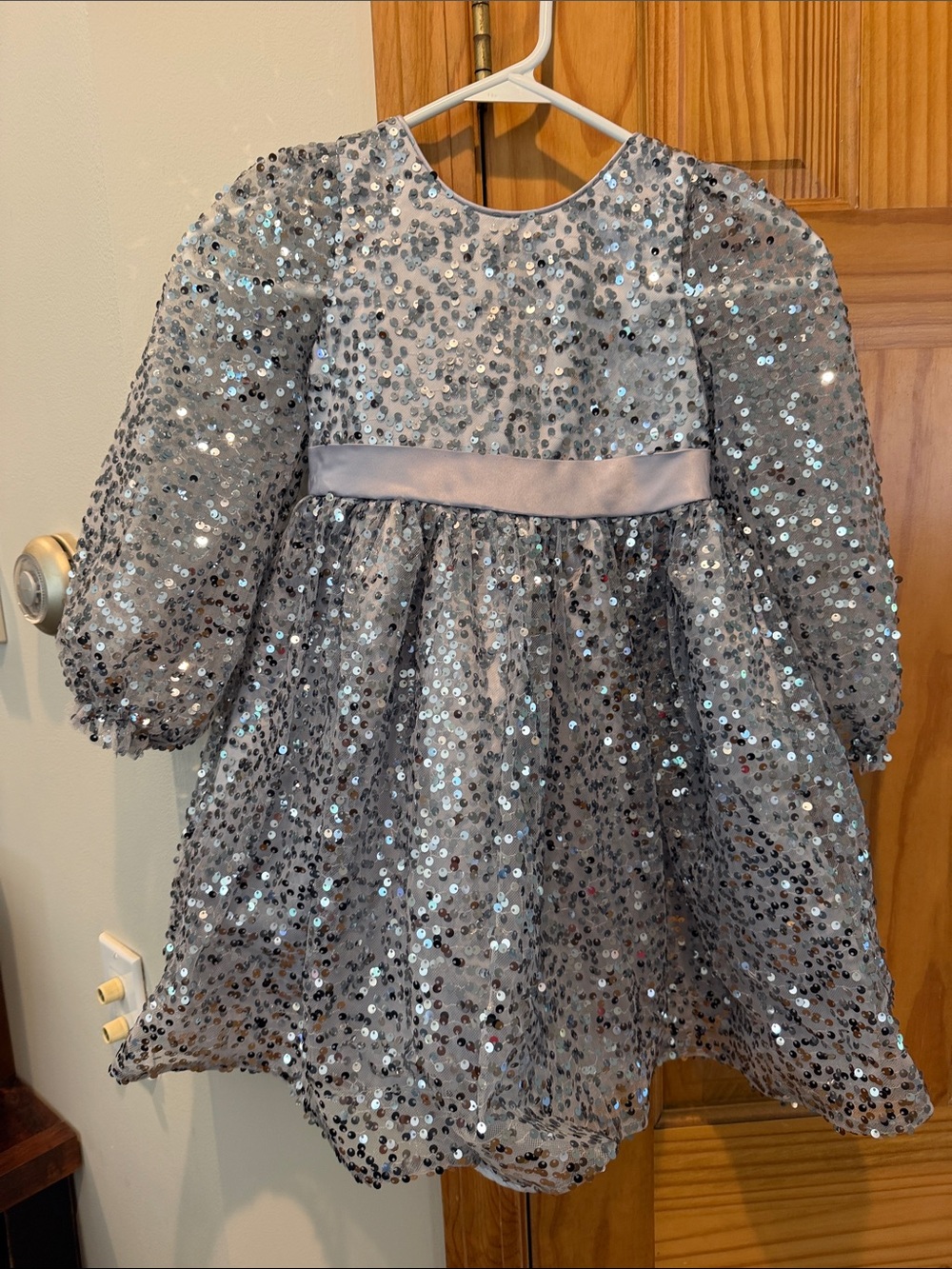 Silver Sequin Party Dress for Girls with Satin Waistband